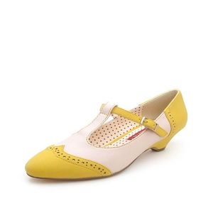 B.A.I.T. Ione Yellow and Cream T-Strap Heels